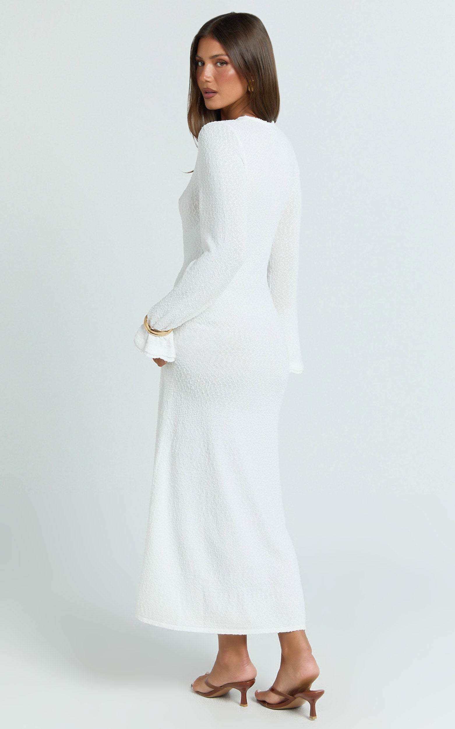 Long Sleeve Scallop Edge Knitted Midi Dress in White - Urban Luxe Apparel