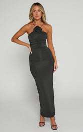 Bodycon Ruched Asymmetric Strap Rosette Dress in Black - Urban Luxe Apparel