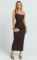 Stretch Fitted Shoulder Trim Side Split Dress in Chocolate