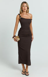 Stretch Fitted Shoulder Trim Side Split Dress in Chocolate