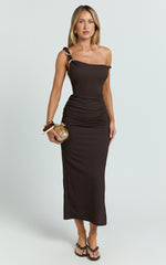 Stretch Fitted Shoulder Trim Side Split Dress in Chocolate