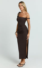 Stretch Fitted Shoulder Trim Side Split Dress in Chocolate