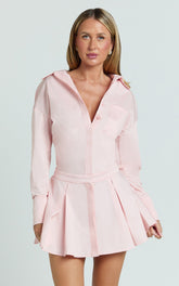 Collared Long Sleeve Button Front Dropped Waist Dress in Pink