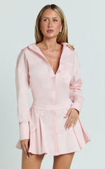 Collared Long Sleeve Button Front Dropped Waist Dress in Pink