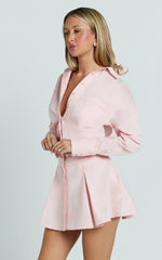 Collared Long Sleeve Button Front Dropped Waist Dress in Pink
