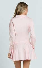 Collared Long Sleeve Button Front Dropped Waist Dress in Pink