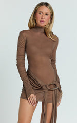 Polo Neck Long Sleeve Ruche Sash Band Jersey Dress in Brown