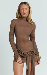 Polo Neck Long Sleeve Ruche Sash Band Jersey Dress in Brown