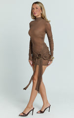 Polo Neck Long Sleeve Ruche Sash Band Jersey Dress in Brown