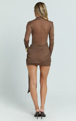 Polo Neck Long Sleeve Ruche Sash Band Jersey Dress in Brown