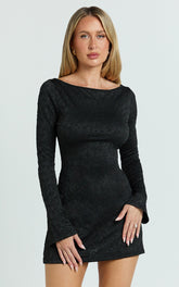 Boat Neck Flute Sleeve Dress in Black - Urban Luxe Apparel