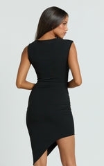 Asymetric Cap Sleeve Boatneck Fitted High Low Hem Jersey Dress in Black - Urban Luxe Apparel