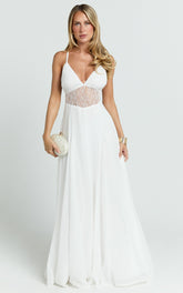 V Neck Low Back Fit And Flare Dress in White