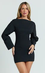 Boatneck Cocoon Sleeve Fitted Dress in Black - Urban Luxe Apparel