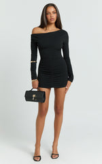 Asymmetric Off Shoulder Fitted Sleeve Ruched Jersey Dress in Black - Urban Luxe Apparel