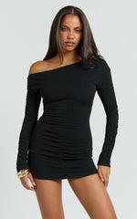 Asymmetric Off Shoulder Fitted Sleeve Ruched Jersey Dress in Black - Urban Luxe Apparel