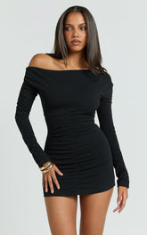 Asymmetric Off Shoulder Fitted Sleeve Ruched Jersey Dress in Black - Urban Luxe Apparel