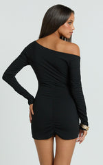 Asymmetric Off Shoulder Fitted Sleeve Ruched Jersey Dress in Black - Urban Luxe Apparel