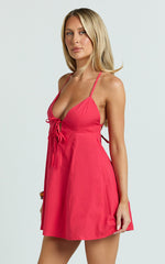V Neck Bow Front Baby Doll Mini Dress in Red