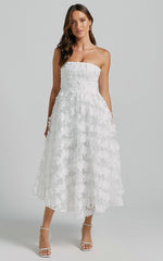 Strapless 3D Embroidery Midi Dress in White - Urban Luxe Apparel