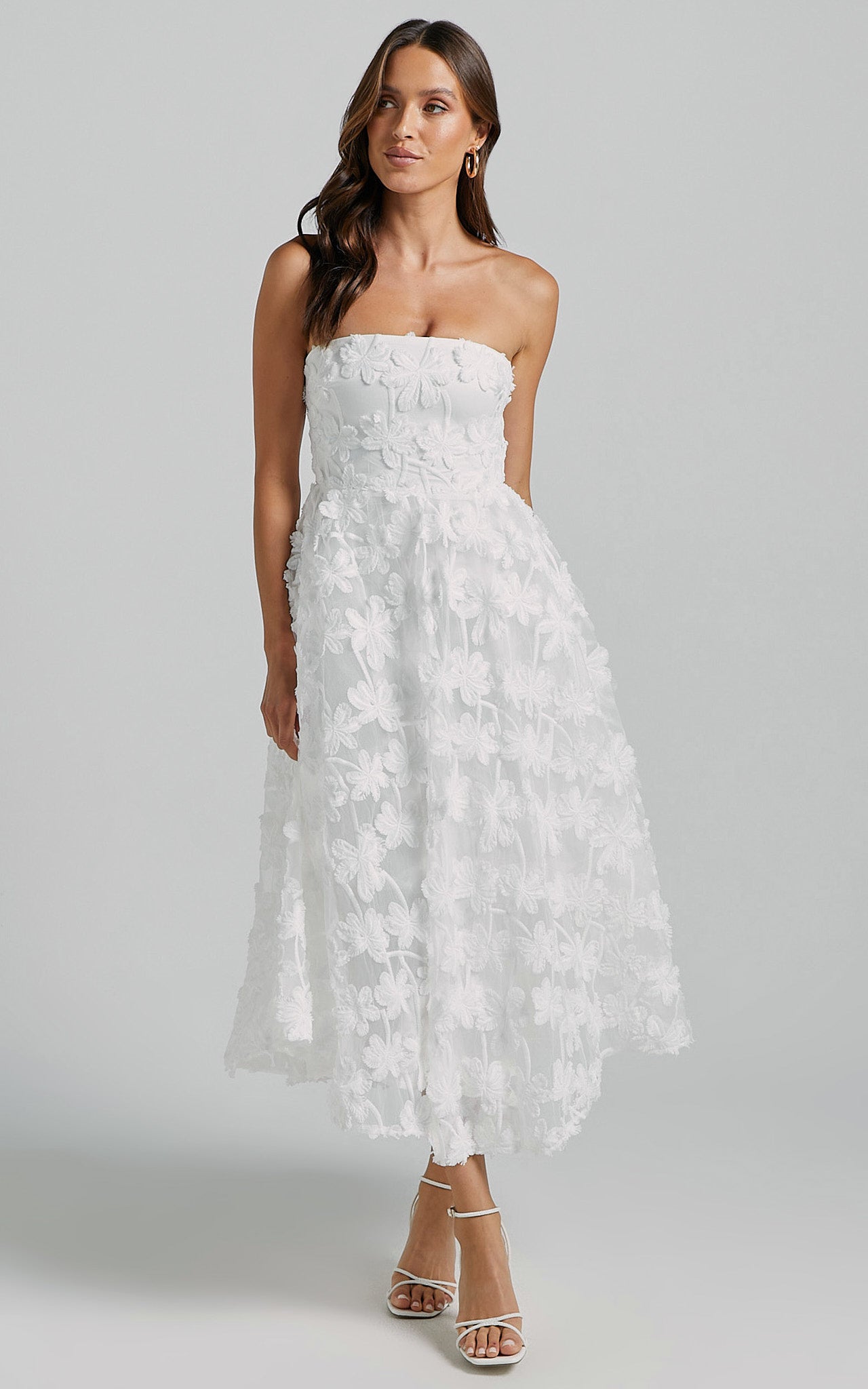 Strapless 3D Embroidery Midi Dress in White - Urban Luxe Apparel