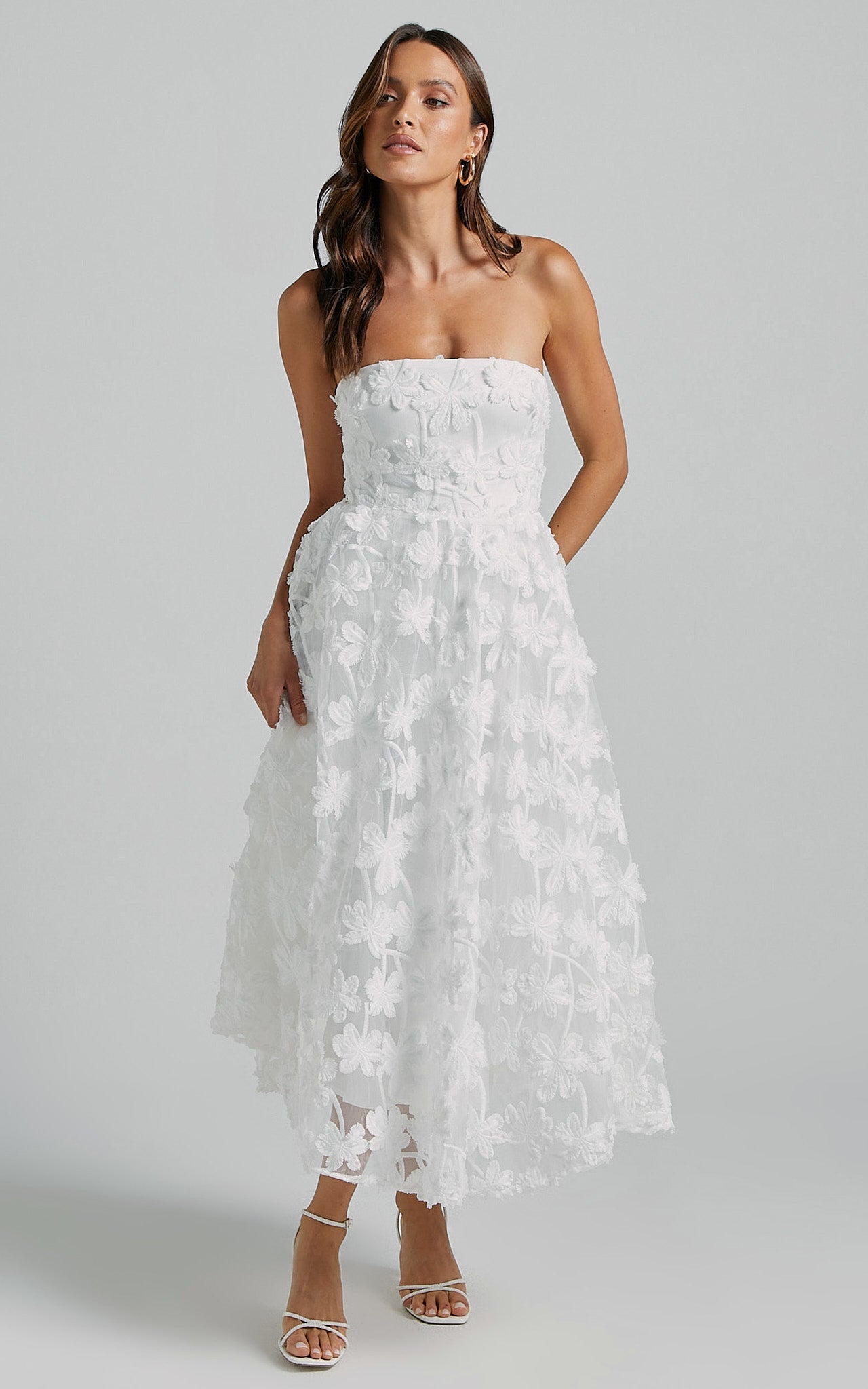 Strapless 3D Embroidery Midi Dress in White - Urban Luxe Apparel