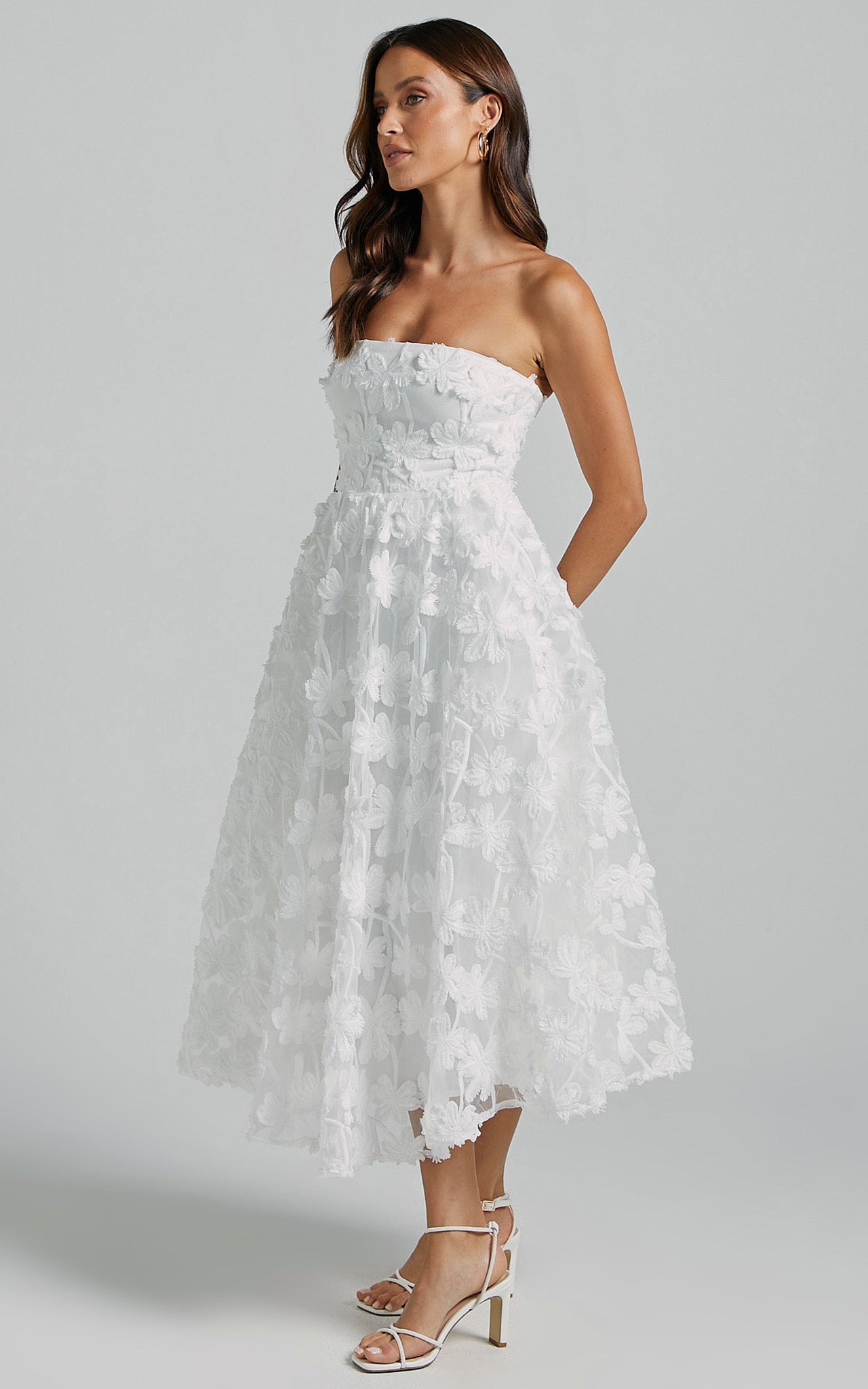 Strapless 3D Embroidery Midi Dress in White - Urban Luxe Apparel