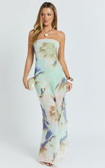Floral Print Strapless Dress in Aquamarine Floral