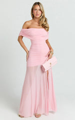 Off Shoulder Ruched Mesh Dress in Pink