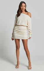 Long Sleeve One Shoulder Dress in Off White