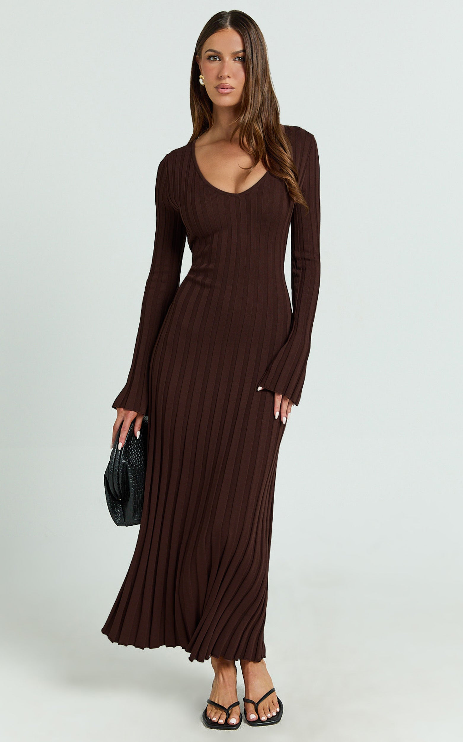 V Neck Long Sleeve Knit Dress in Chocolate - Urban Luxe Apparel