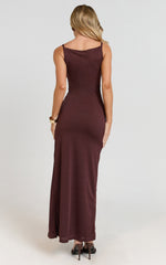Boat Neck Ruched Fitted Dress in Chocolate