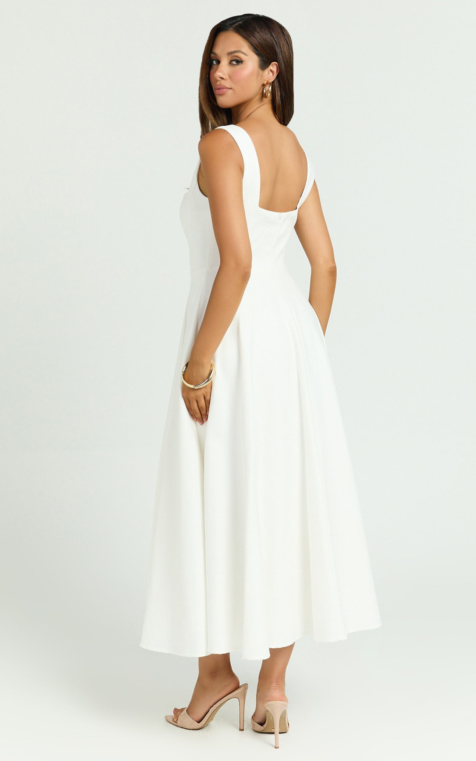 Square Neck Strapped Full Circle Skirt Dress in White - Urban Luxe Apparel