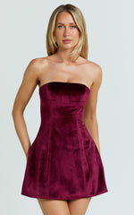 Velvet Strapless Fit And Flare Dress in Wine