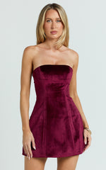Velvet Strapless Fit And Flare Dress in Wine