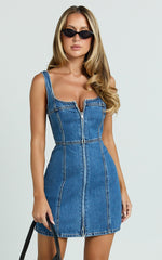 Square Neck Zip Front Sleeveless Bodycon Denim in Mid Blue Wash