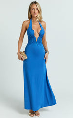 Halter U Ruched Neck Cut Out Jersey Dress in Blue