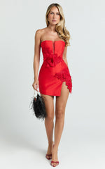 Strapless Plunge Bodycon Leg Split Dress in Red