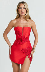 Strapless Plunge Bodycon Leg Split Dress in Red