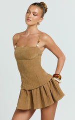 Straight Neck Gathered Drop Waist Dress in Brown