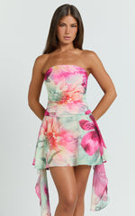 Strapless Asymmetric Flounce Hem Dress in Abstract Floral