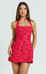 Jacquard Halter Fit And Flare Dress in Red