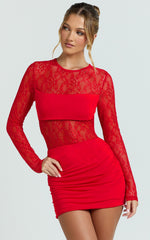 Contrast Lace Long Sleeve Ruched Bodycon Dress in Red