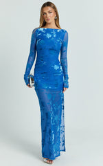 Boat Neck Long Sleeve Ruched Dress in Blue