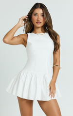Boat Neck Drop Waist Shift Dress in White