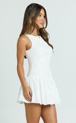 Boat Neck Drop Waist Shift Dress in White