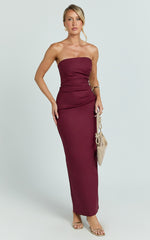 Strapless Ruched Fitted Column Dress in Wine