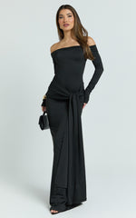 Boat Neck Backless Tie Front Long Sleeve Jersey Dress in Black - Urban Luxe Apparel
