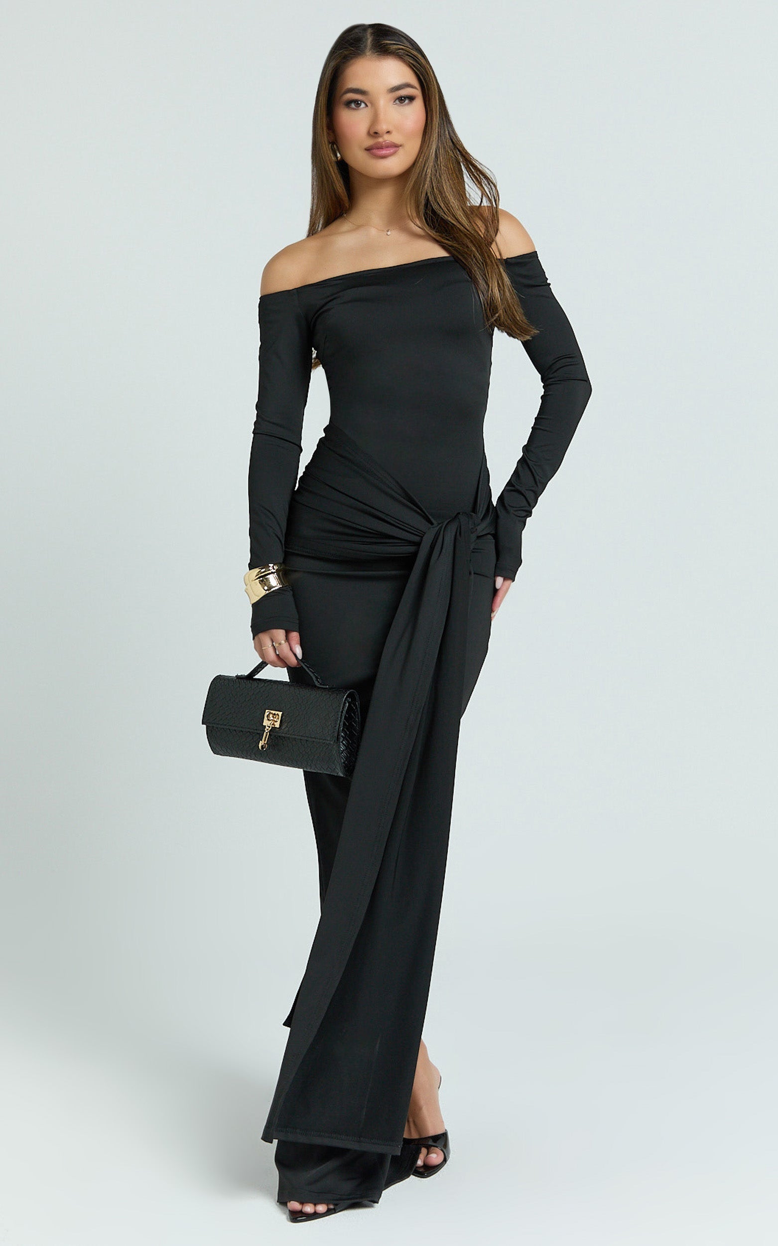 Boat Neck Backless Tie Front Long Sleeve Jersey Dress in Black - Urban Luxe Apparel