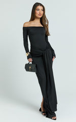 Boat Neck Backless Tie Front Long Sleeve Jersey Dress in Black - Urban Luxe Apparel